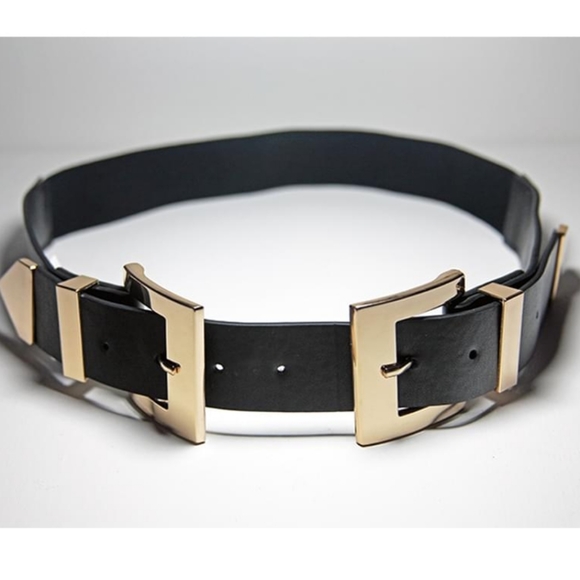 Gold Chunky double buckle Black vegan leather wide waist corset belt - Picture 16 of 16